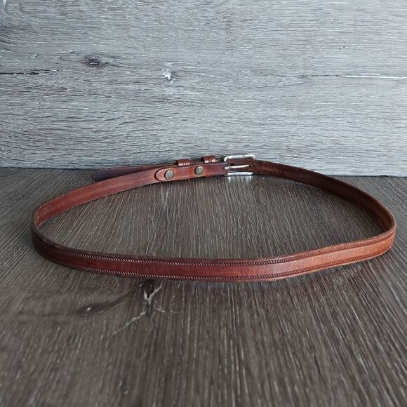 Vintage Justin Brown Tooled Embossed Skinny Belt Size 32 - Picture 2 of 7